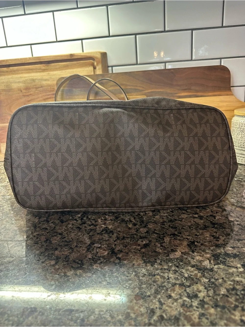 Michael Kors Brown Large Monogram Tote with Tan Trim